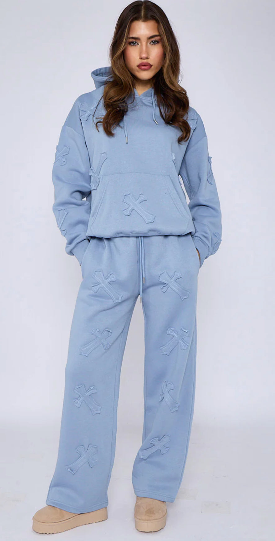 Oversized Crucifix Embroidered Hooded Fleece Co-ord- Light Blue