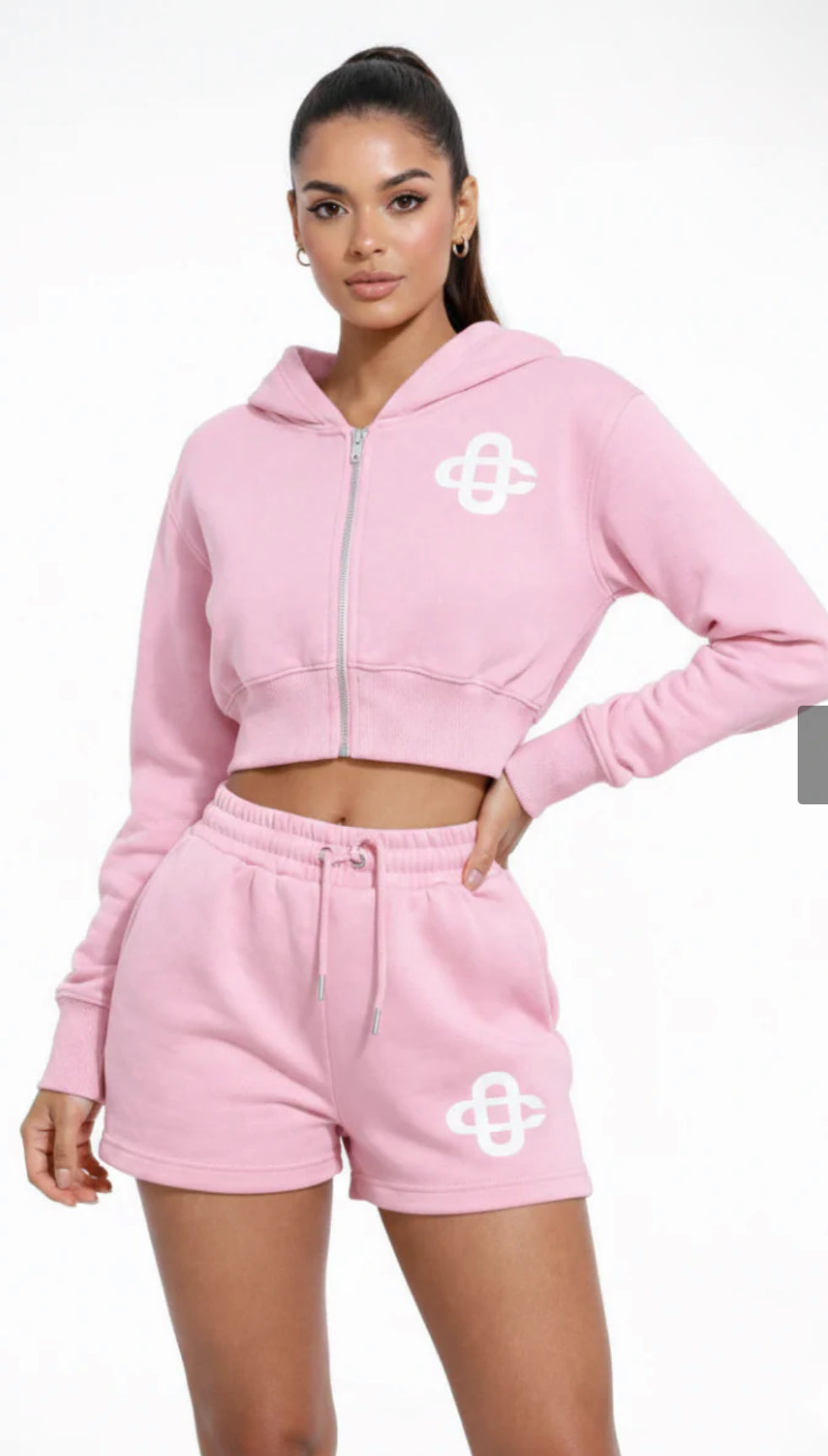 Cropped Zip Up Hoodie & Shorts Co-Ord - Pink