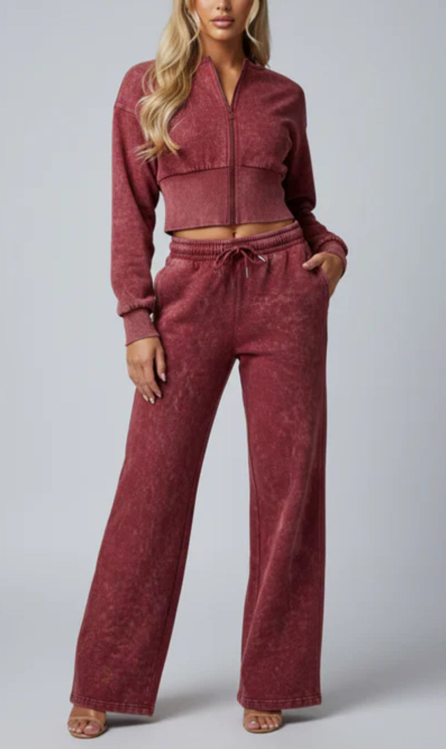 Acid Wash Cropped Zip Up Sweatshirt & Wide Leg Trouser Tracksuit